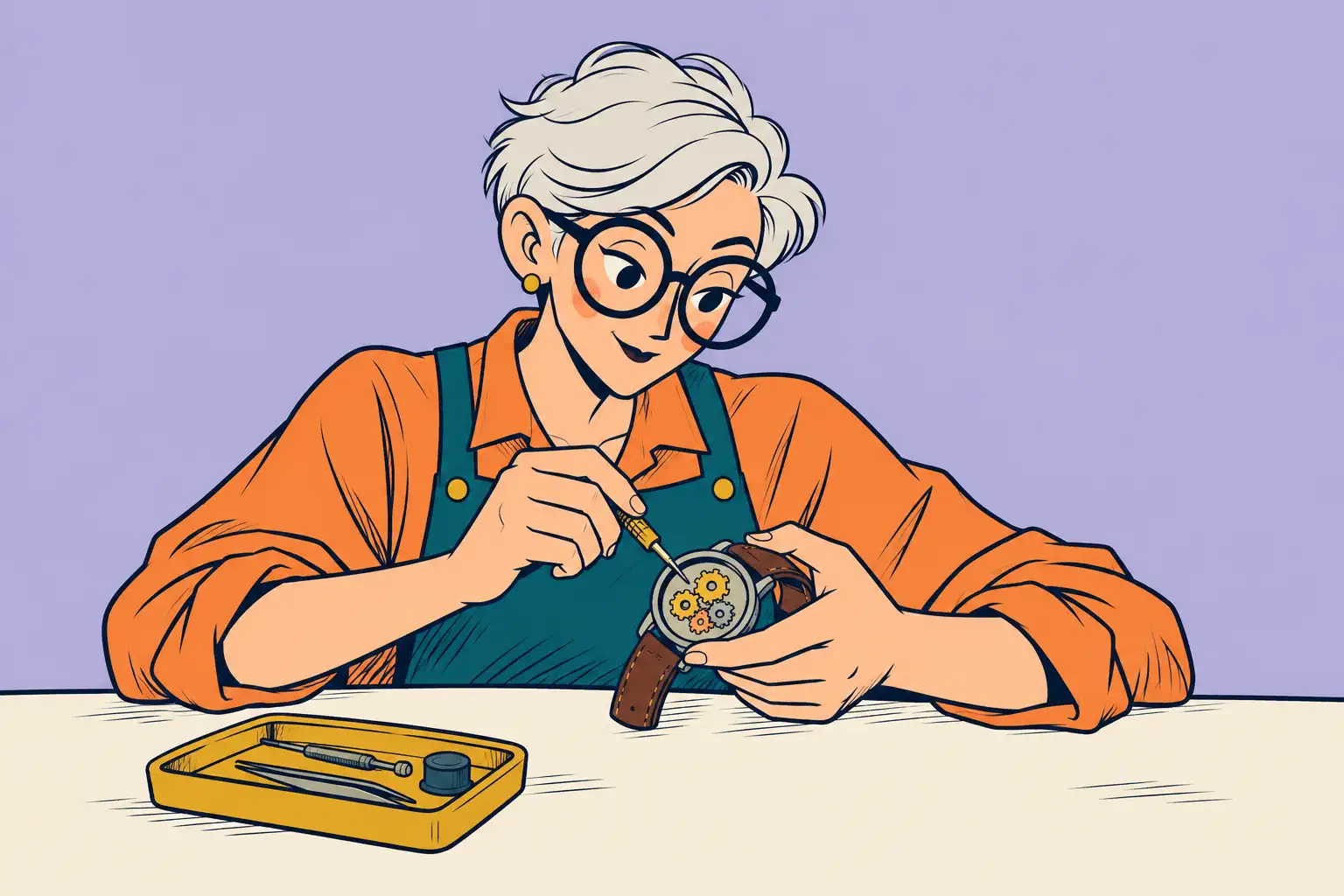 A watchmaker carefully adjusts the small working parts of a watch.