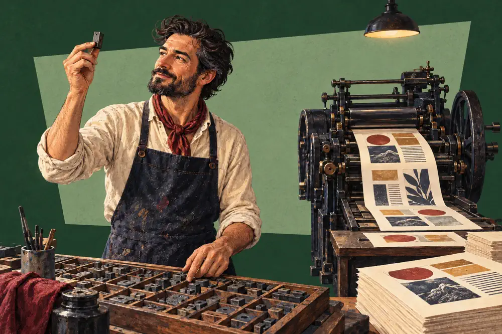 Printmaker checks a type block by hand as a press produces a series of carefully designed new pages.