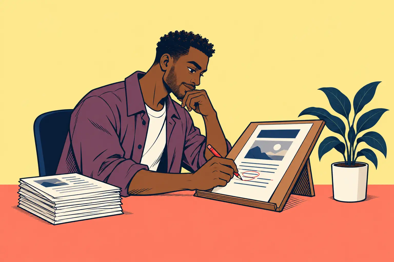 An editor carefully reviews and corrects one page, with a stack of drafts beside him.