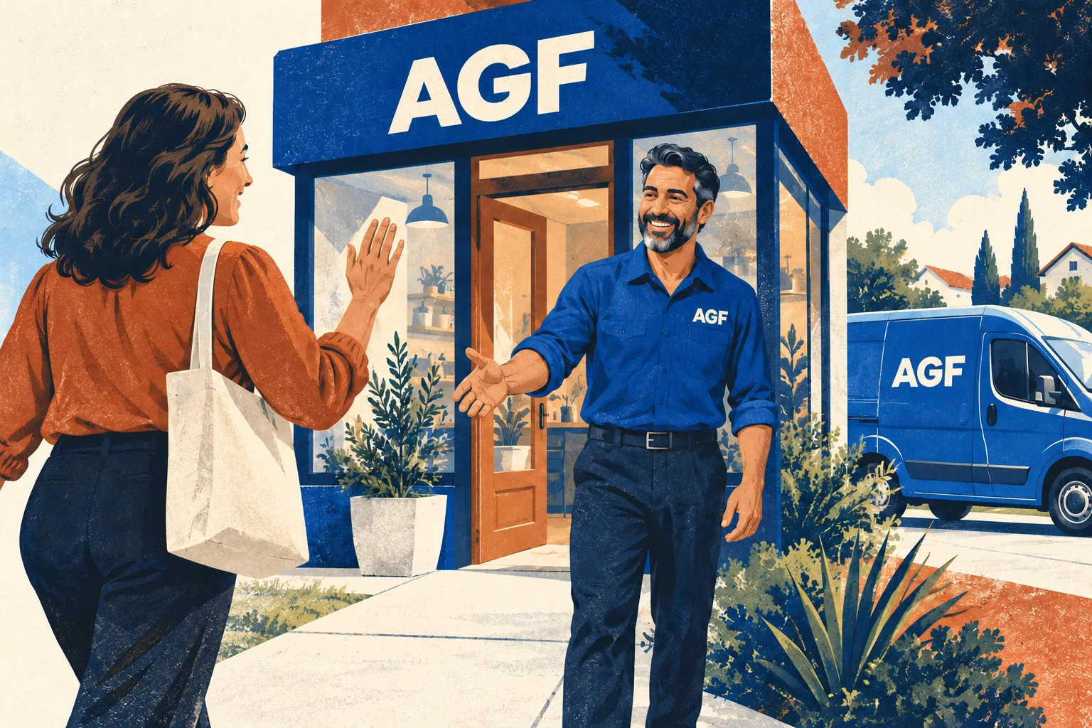 AGF storefront, team member, and van welcoming a customer