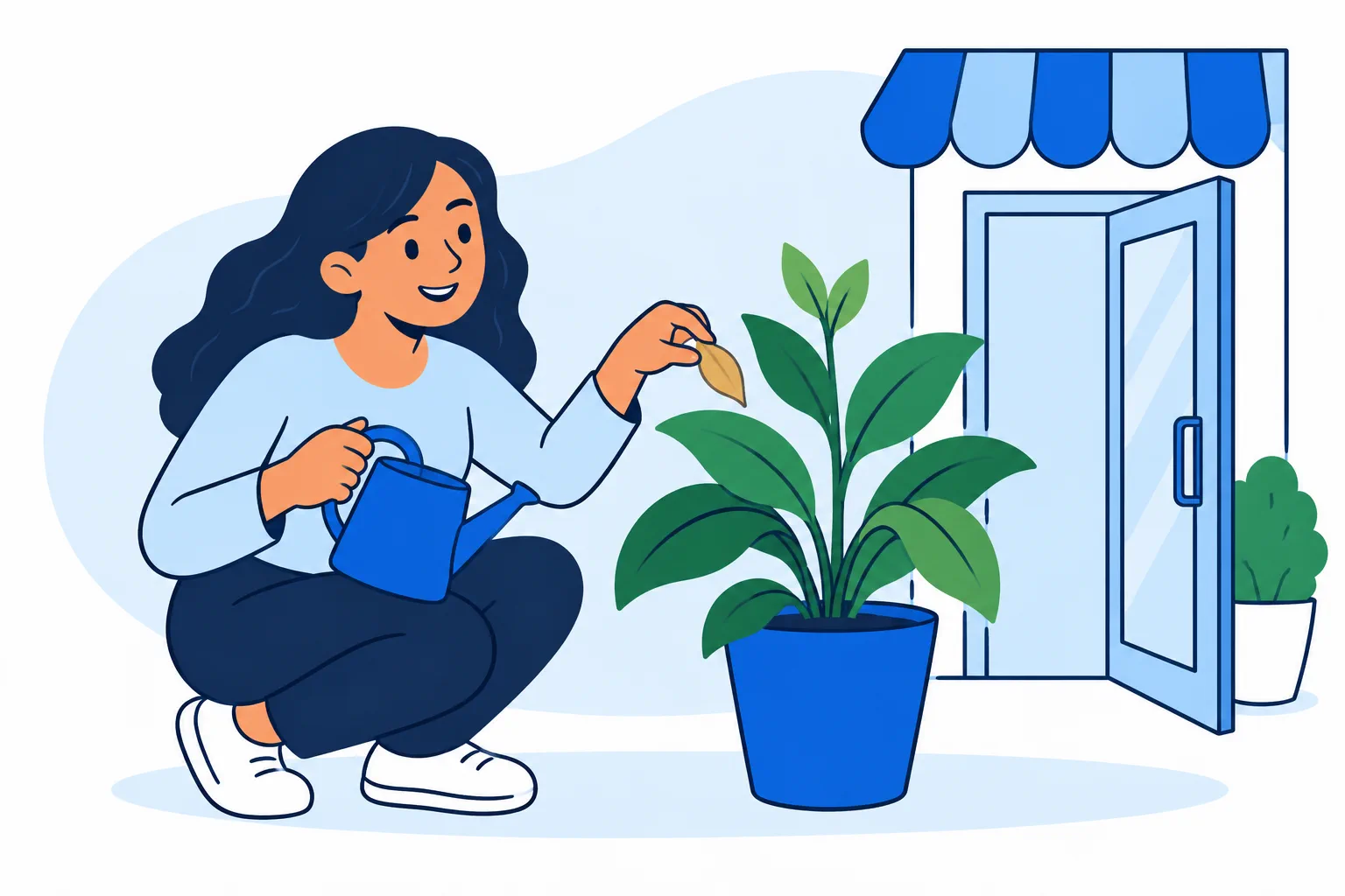 A person caring for a plant beside a storefront