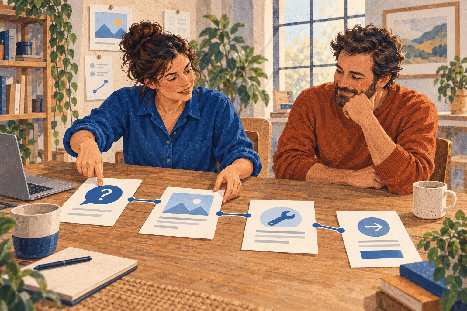 Two people considering connected information about a business