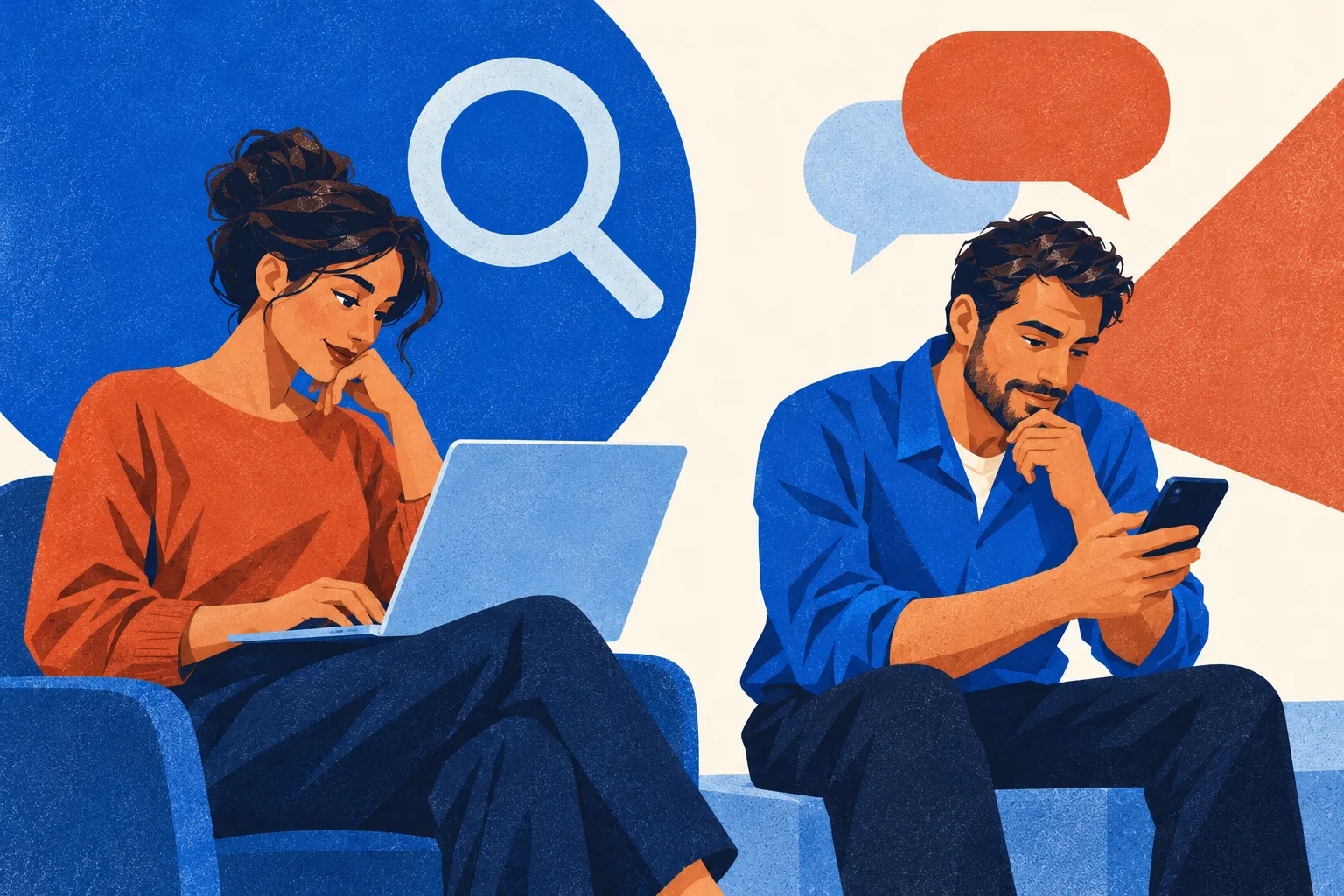 Two people asking questions through a laptop and phone