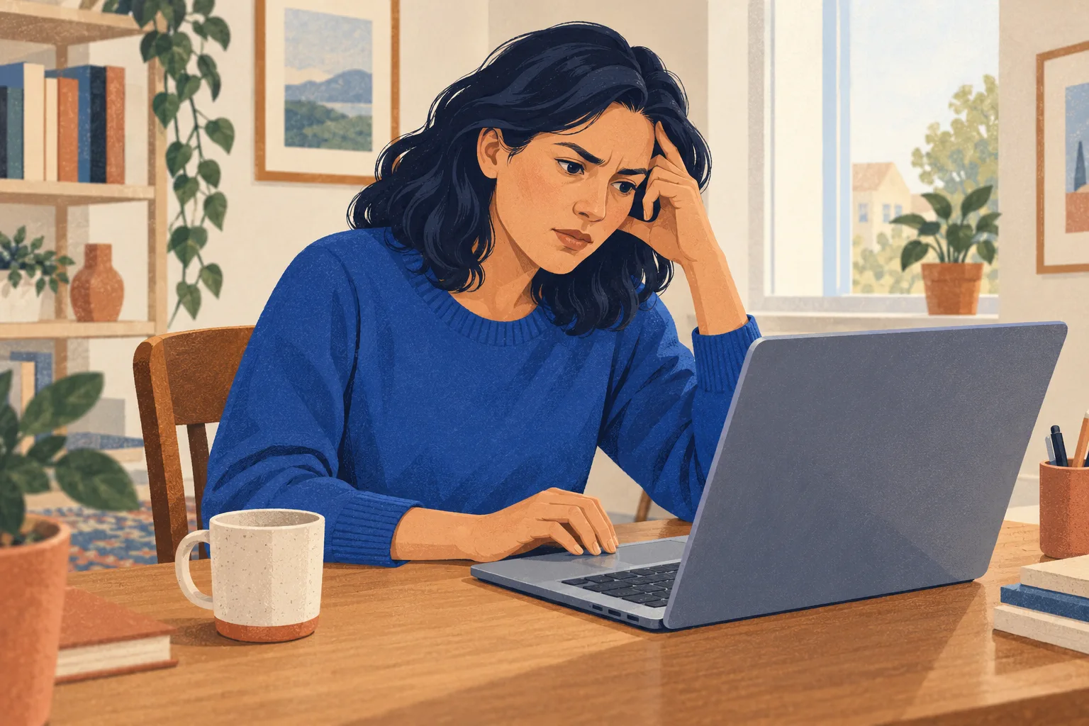 A person looking carefully at information on a laptop