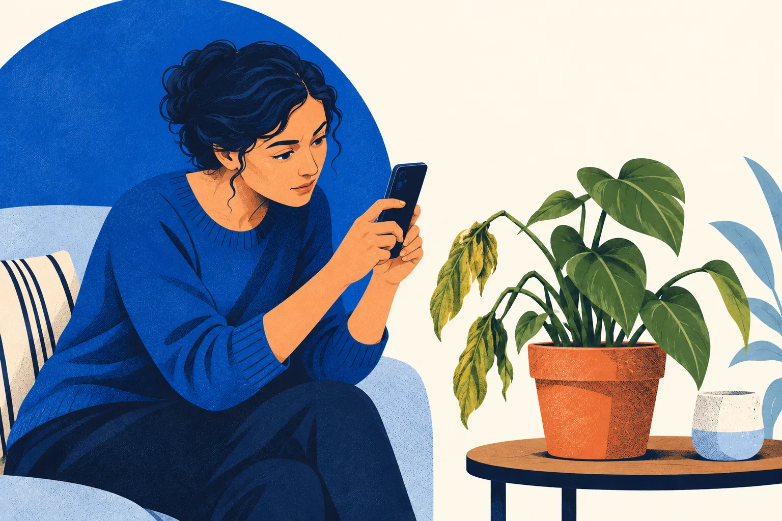 A person using a phone while considering a problem