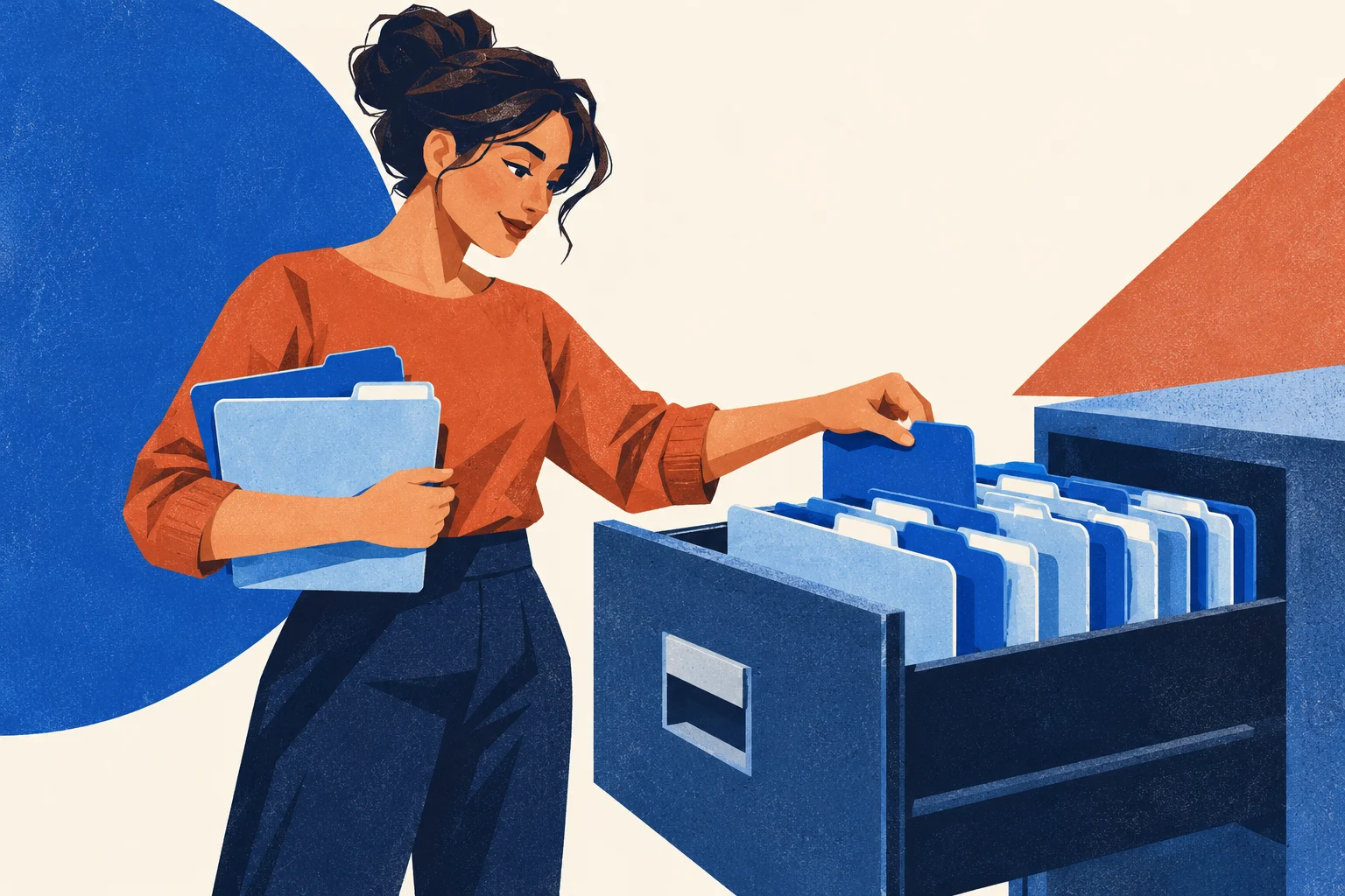 A person selecting the right files from an organized drawer