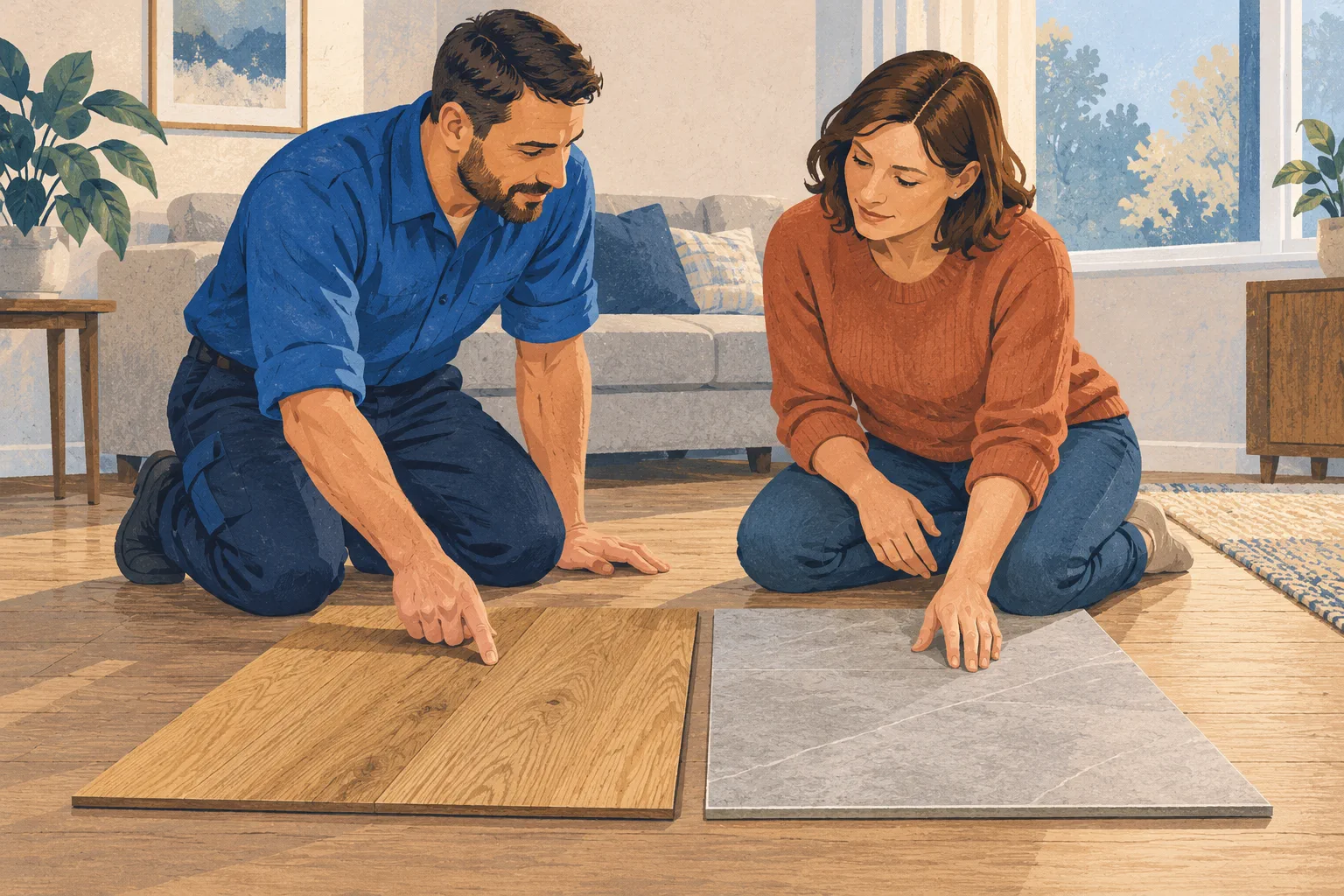 Two people comparing flooring options together