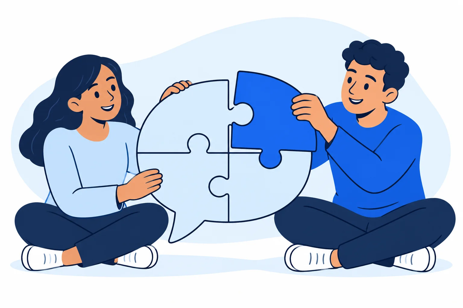 Two people fitting pieces of a puzzle together
