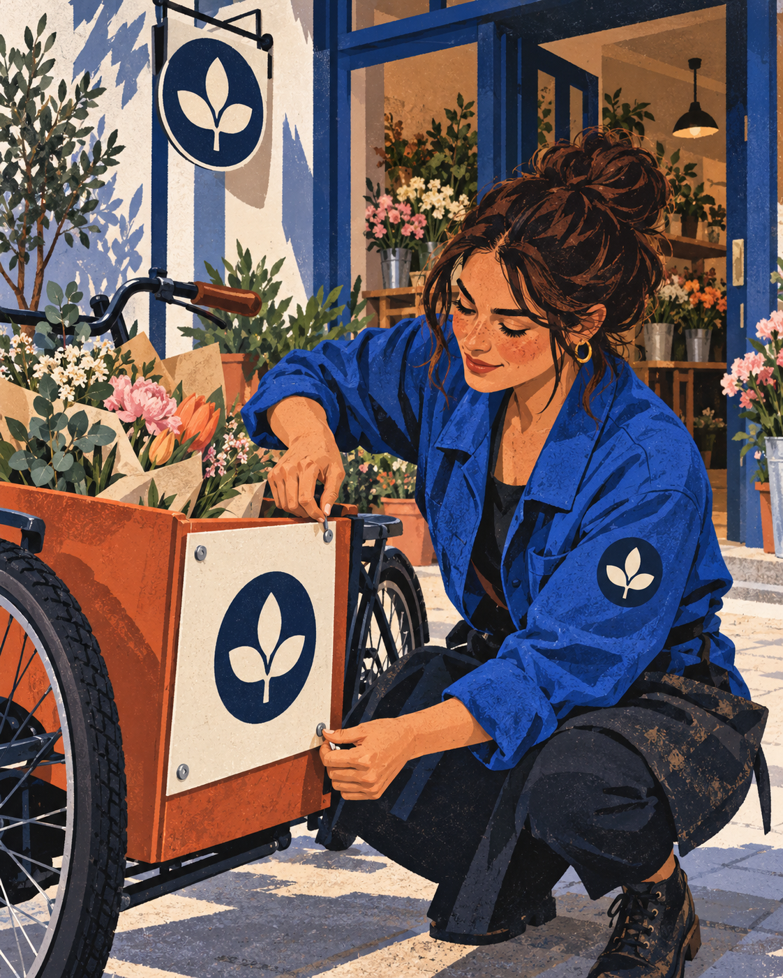 Florist attaching a clear brand sign to her delivery bicycle outside her shop