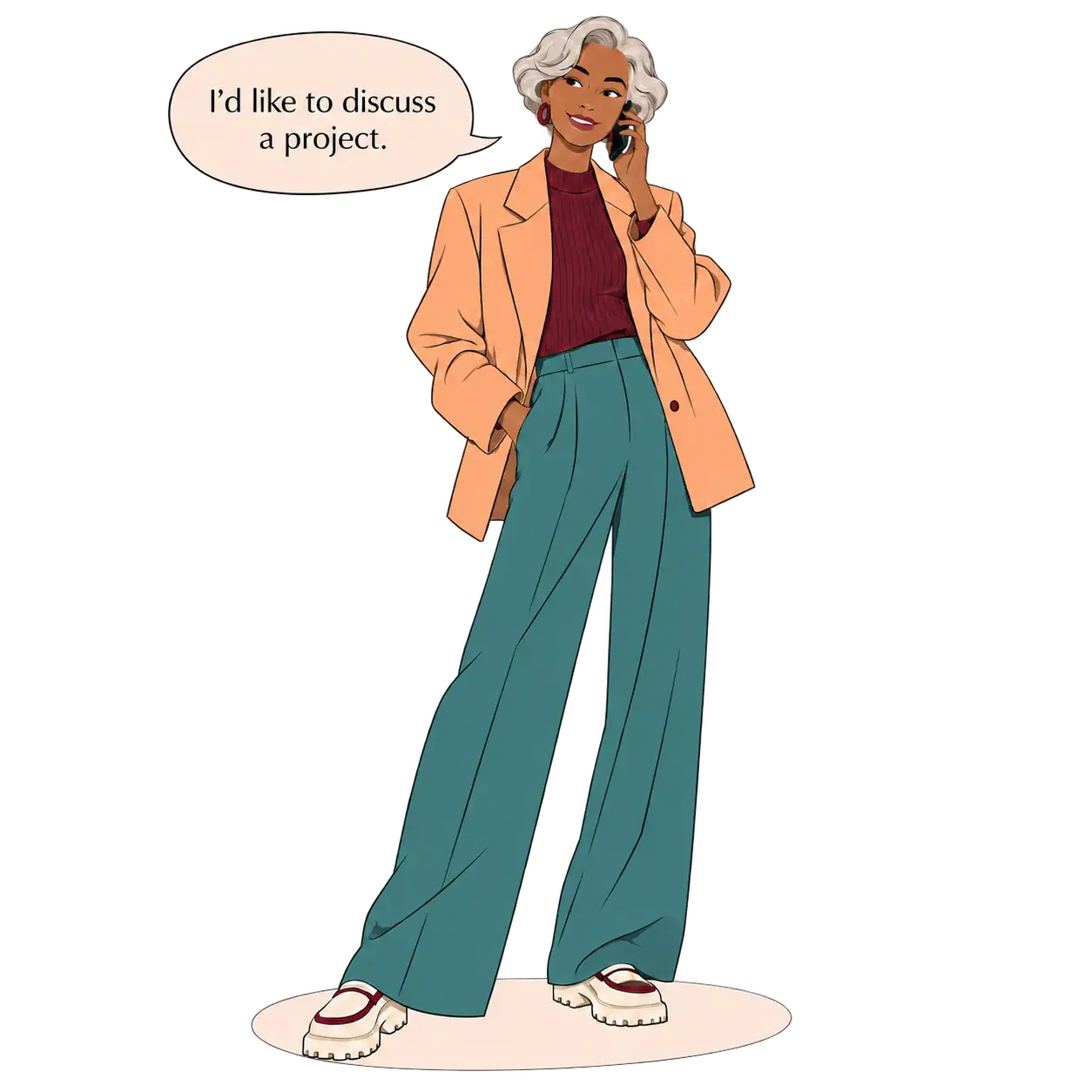 Illustrated business owner on the phone saying, I’d like to discuss a project.