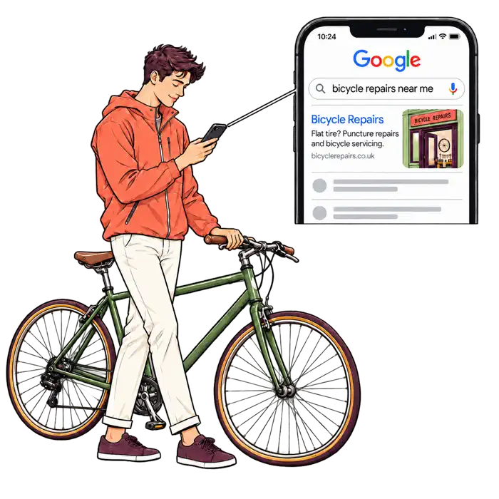 Cyclist checks phone search results for bike repairs nearby, linking a local need to a service page.