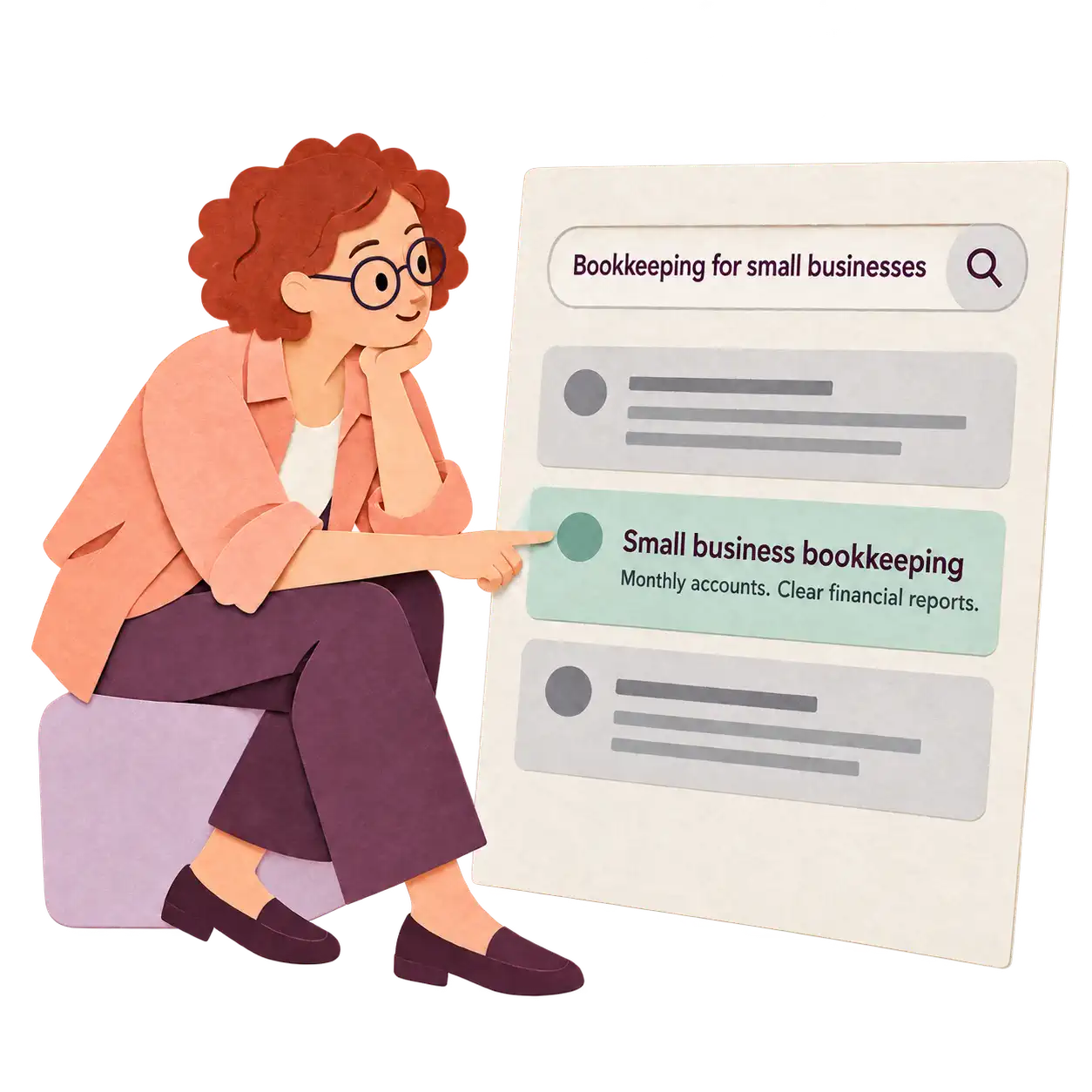 Illustrated business owner reviewing a search result for bookkeeping for small business.