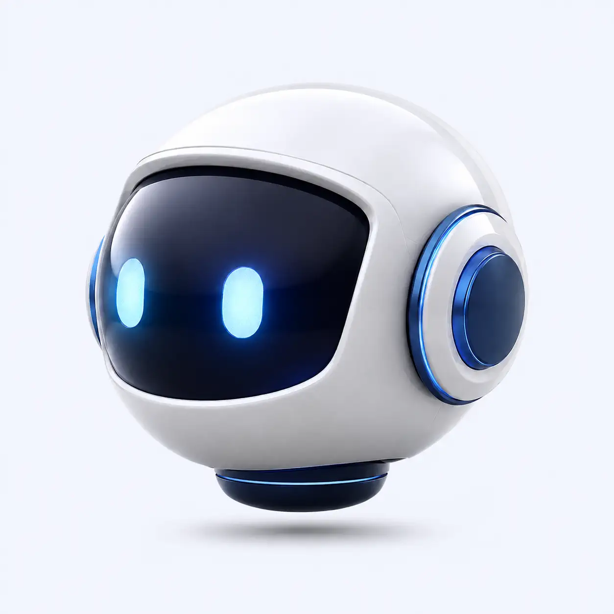 White robot mascot with blue glowing eyes