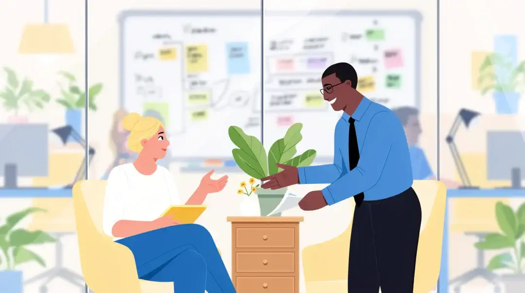 Two colleagues discussing information and sharing documents in an office