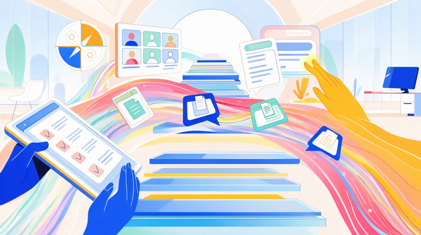 Connected documents, messages, and team updates flowing along a colorful path