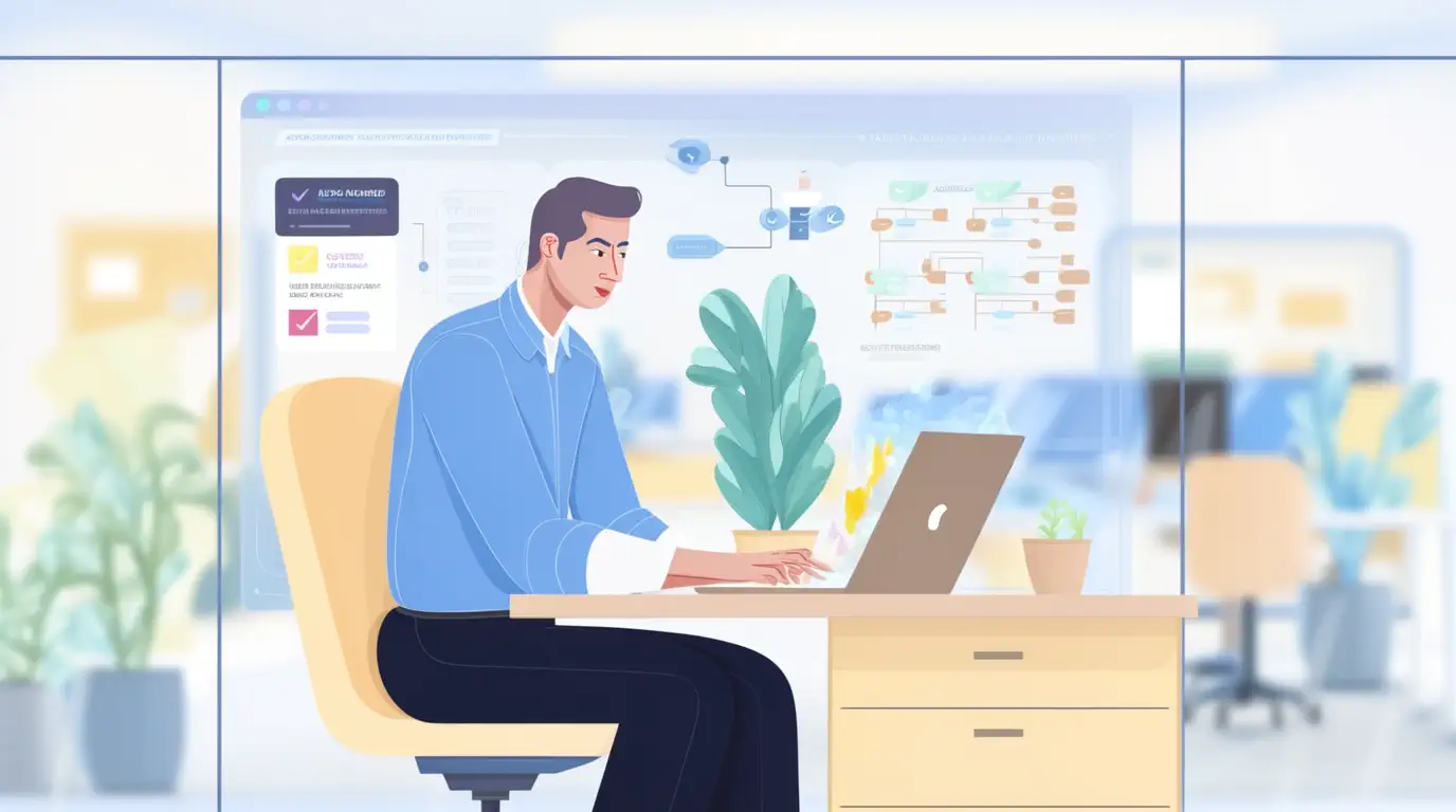 An employee working at a laptop with request and approval workflows displayed behind him