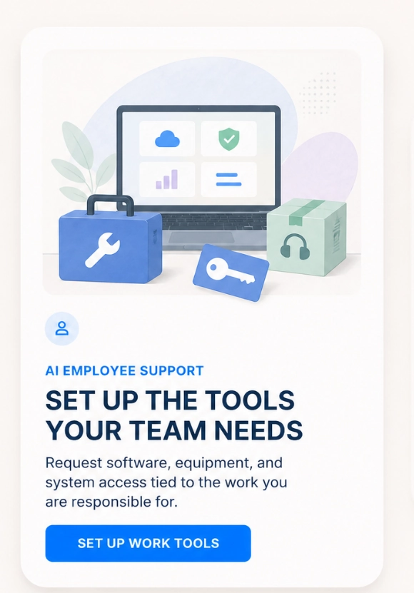 Approved tools, equipment, and permissions prepared for an employee's work