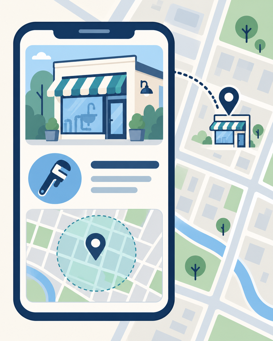 An illustrated plumbing business profile shows its category, storefront, location, and local service area on a map.
