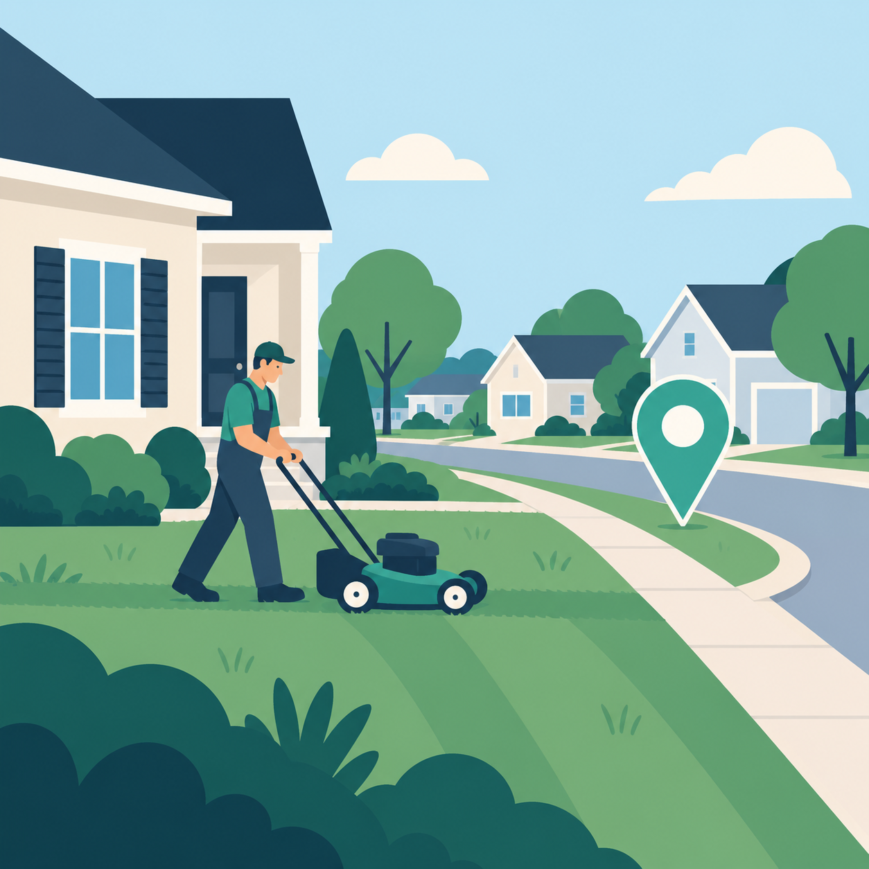 A landscaping service works on a lawn in a residential neighborhood marked as a local area.