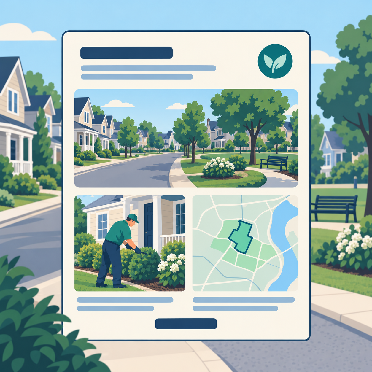 An illustrated location page combines neighborhood scenery, a local landscaping example, and a highlighted service-area map.