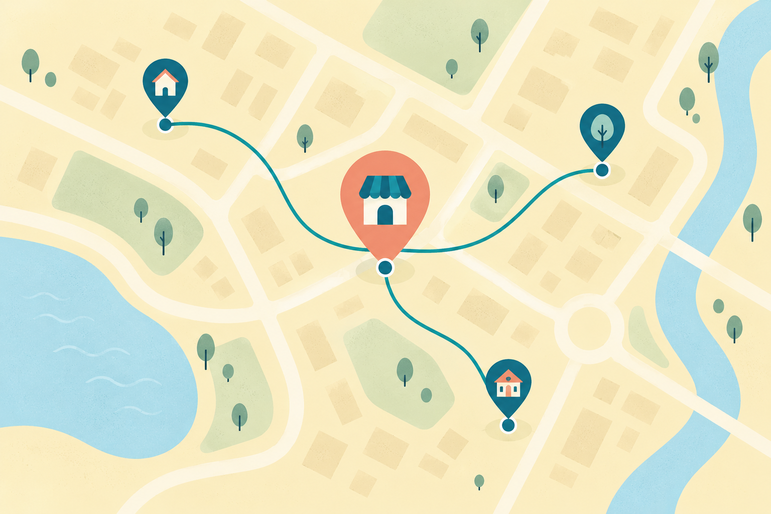 Illustrated neighborhood map with a business at the center and routes connecting it to nearby customers