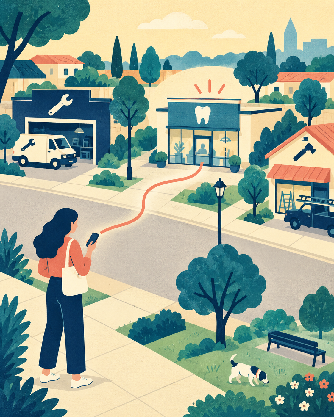A person uses a phone to find a nearby dental practice among local service businesses