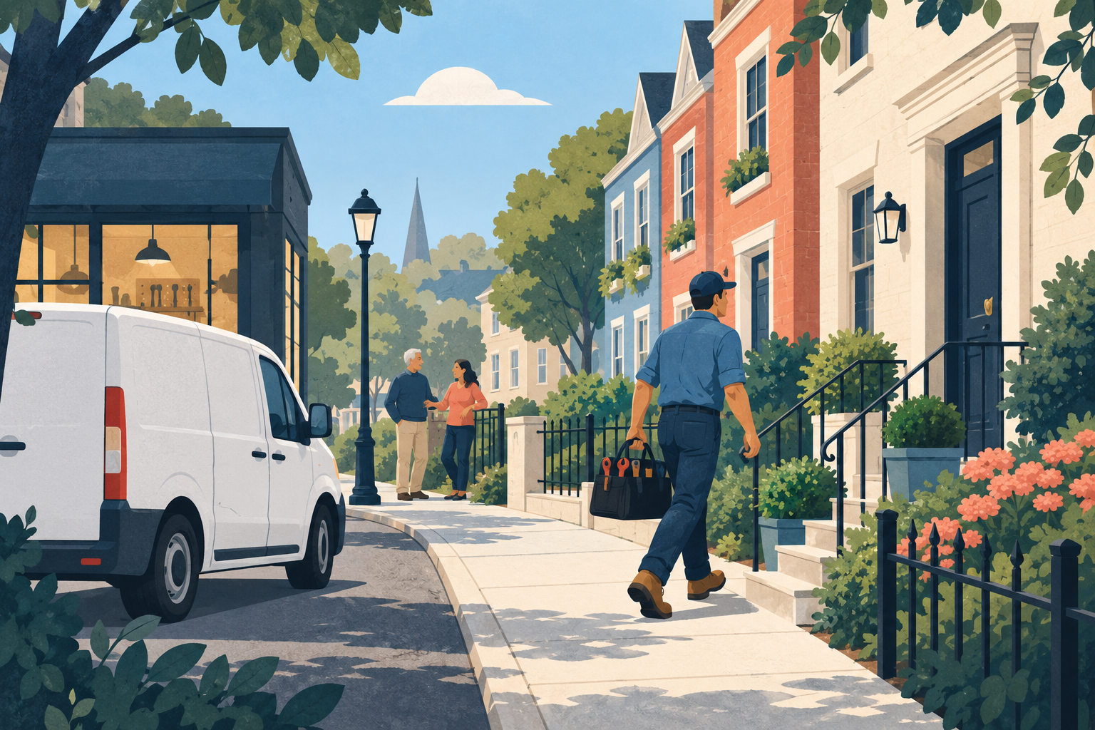 A local service professional arrives at a nearby home with a work van parked by the neighborhood workshop