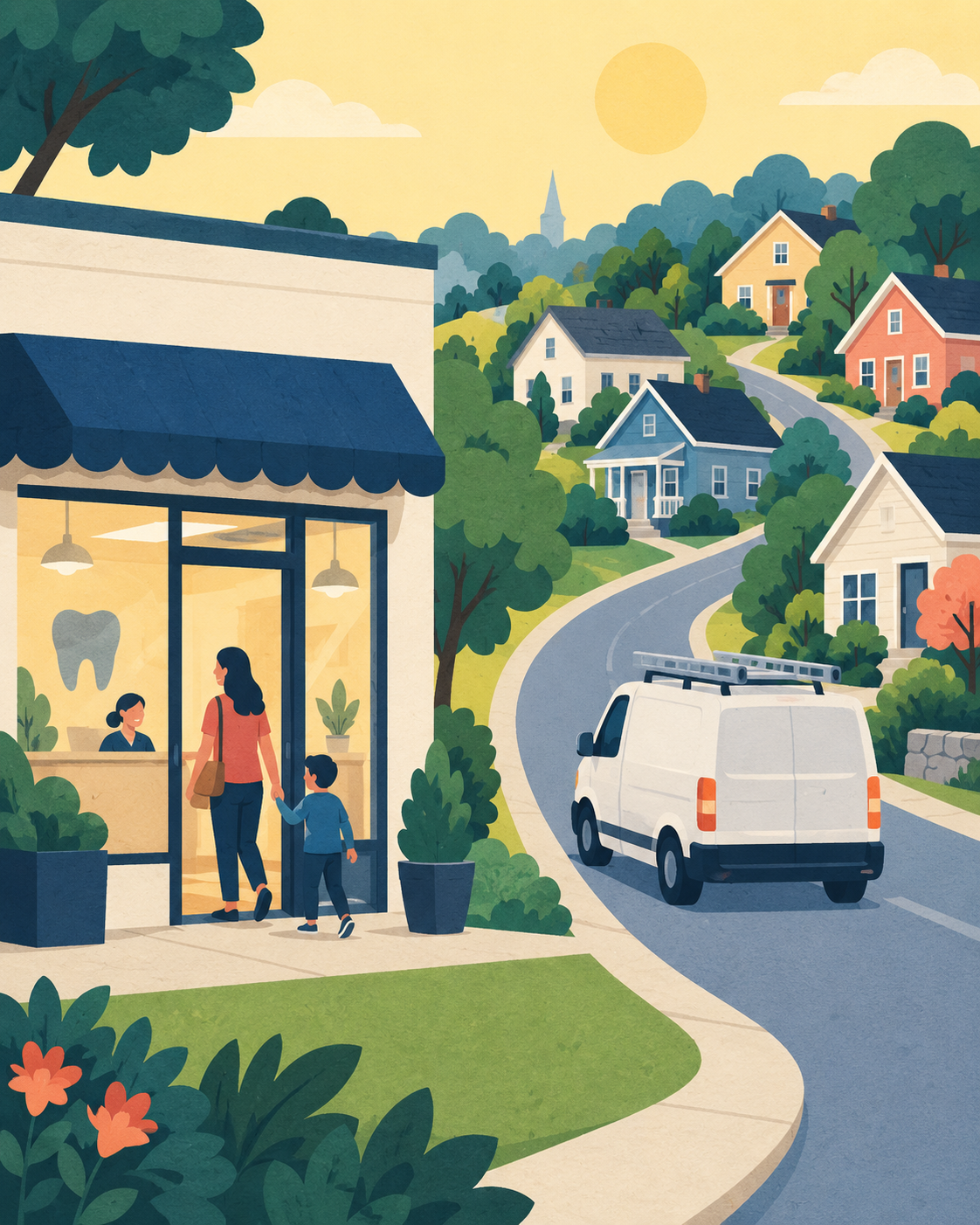 A neighborhood storefront serves visiting customers while a service van travels to nearby homes