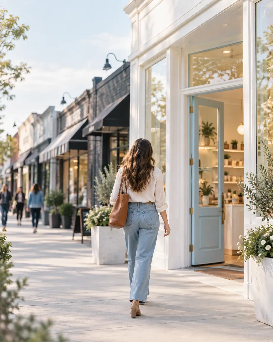A customer approaching the one welcoming storefront that stands out from the surrounding choices.
