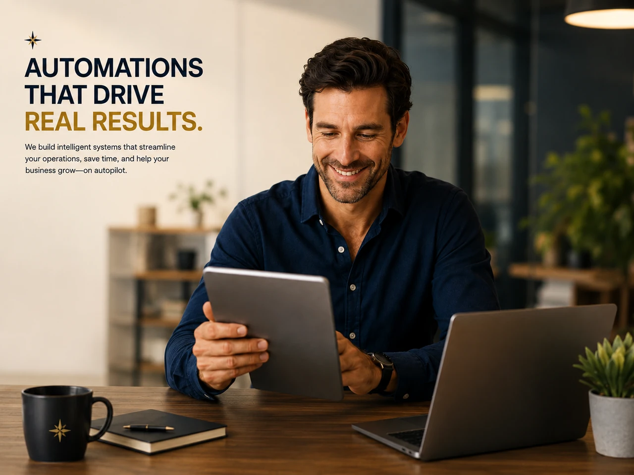 Business owner using a tablet beside a laptop with an automation message.