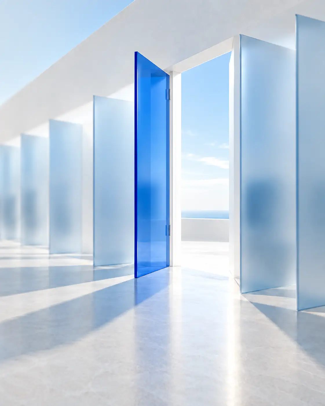 An open cobalt-blue door standing apart among pale translucent panels.