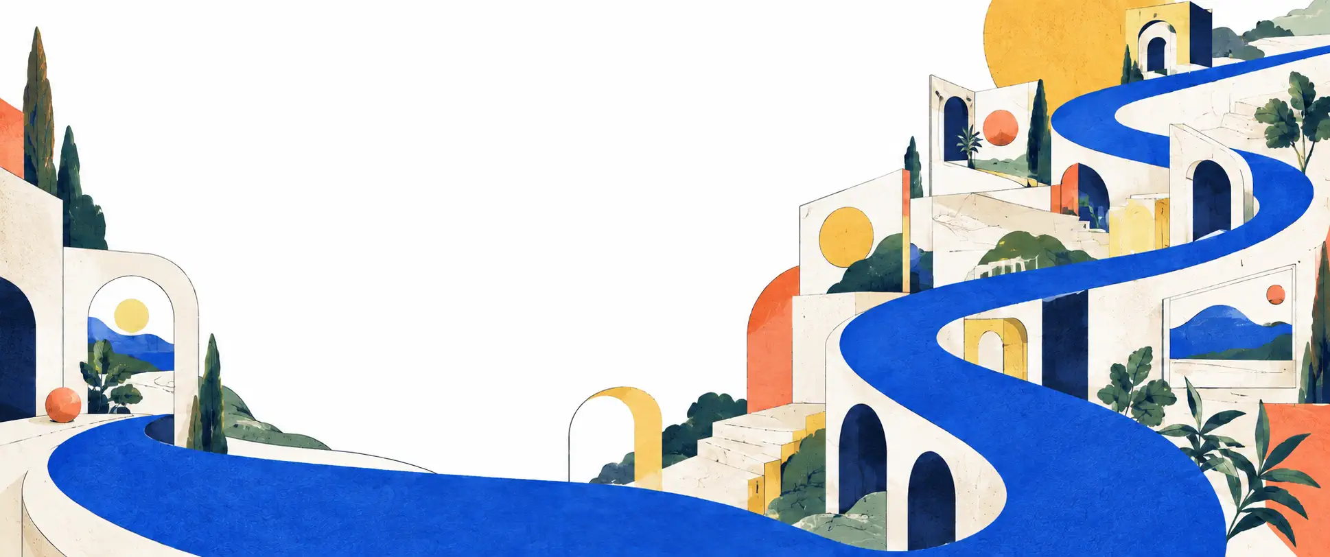 Illustrated blue path winding through doorways and landscaped buildings