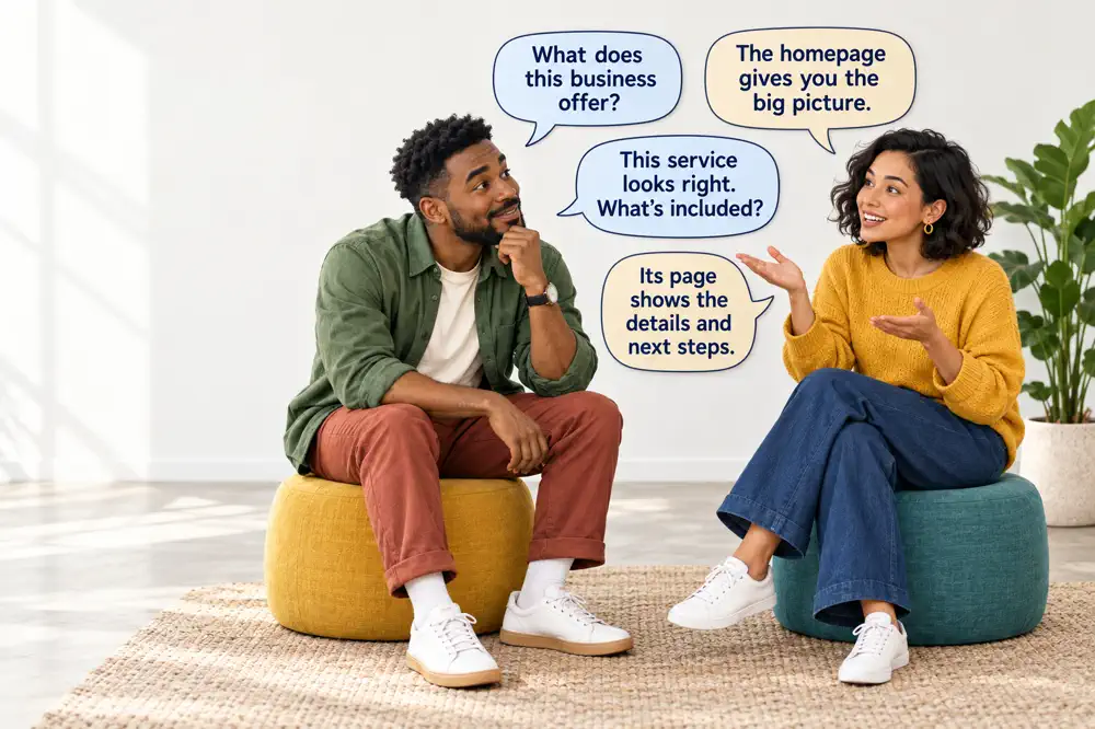 Two people discuss a homepage introducing the brand as service pages explain details and next steps.