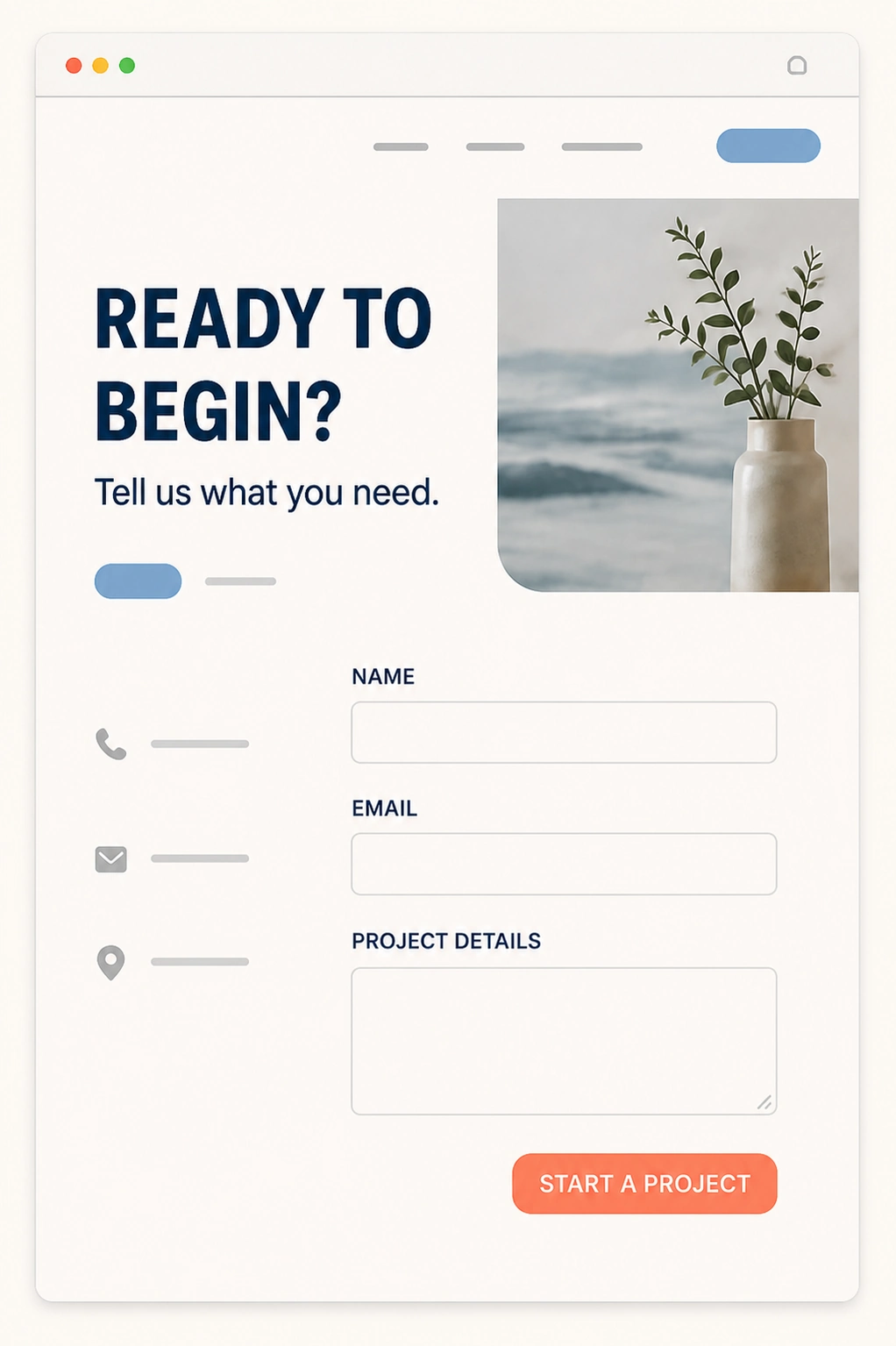 A website contact page with a clear path for a customer to begin
