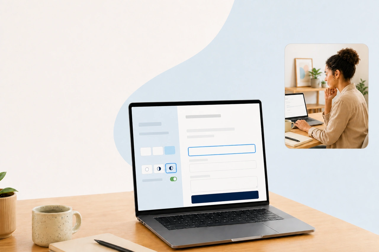 A designer working at a desk beside a laptop displaying an accessible website interface.