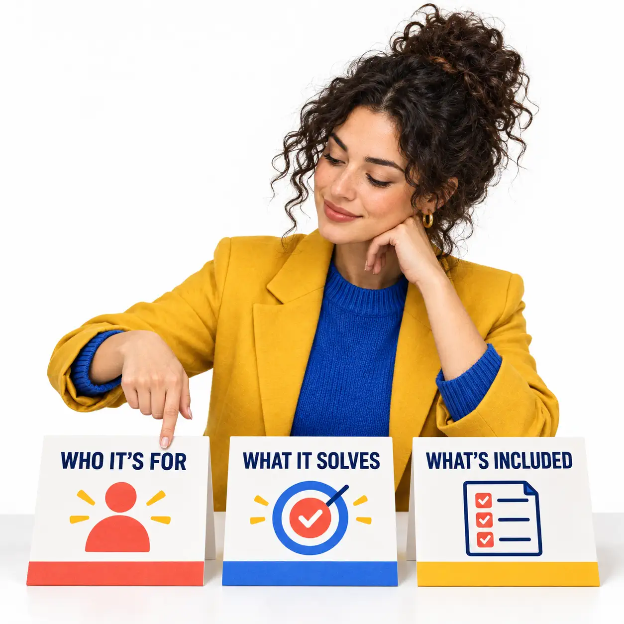 Woman in a yellow blazer points to cards showing who a service helps, what it solves, and its scope.