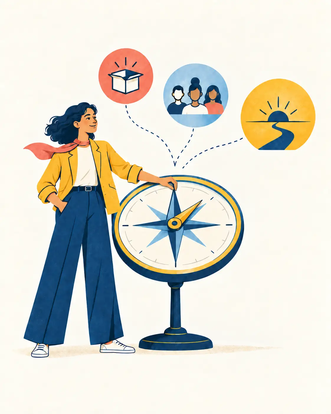 A business leader using a compass to connect an offer, audience, and intended direction.