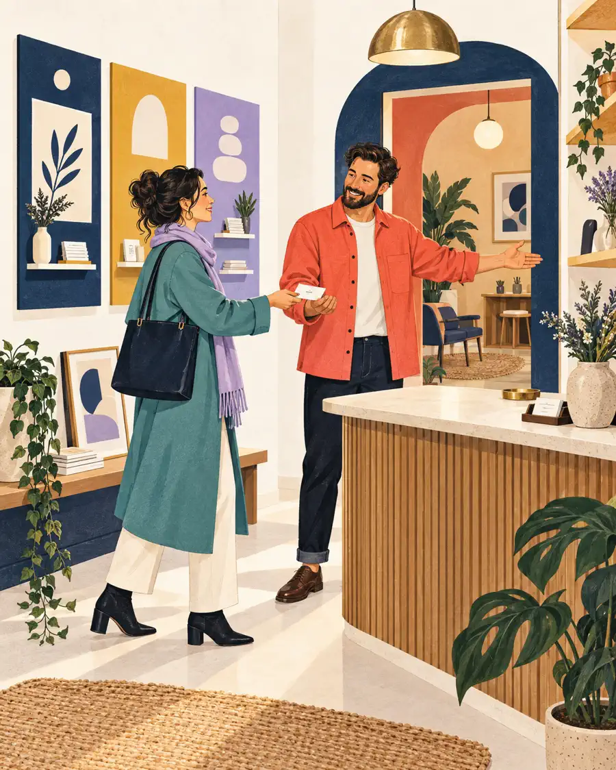 A customer receiving guidance in a clear, welcoming business space.