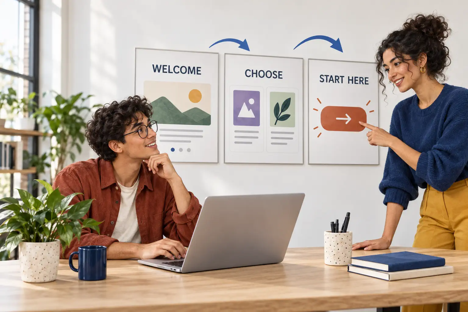 Two colleagues reviewing a three-step website path from welcome, to choosing an option, to starting