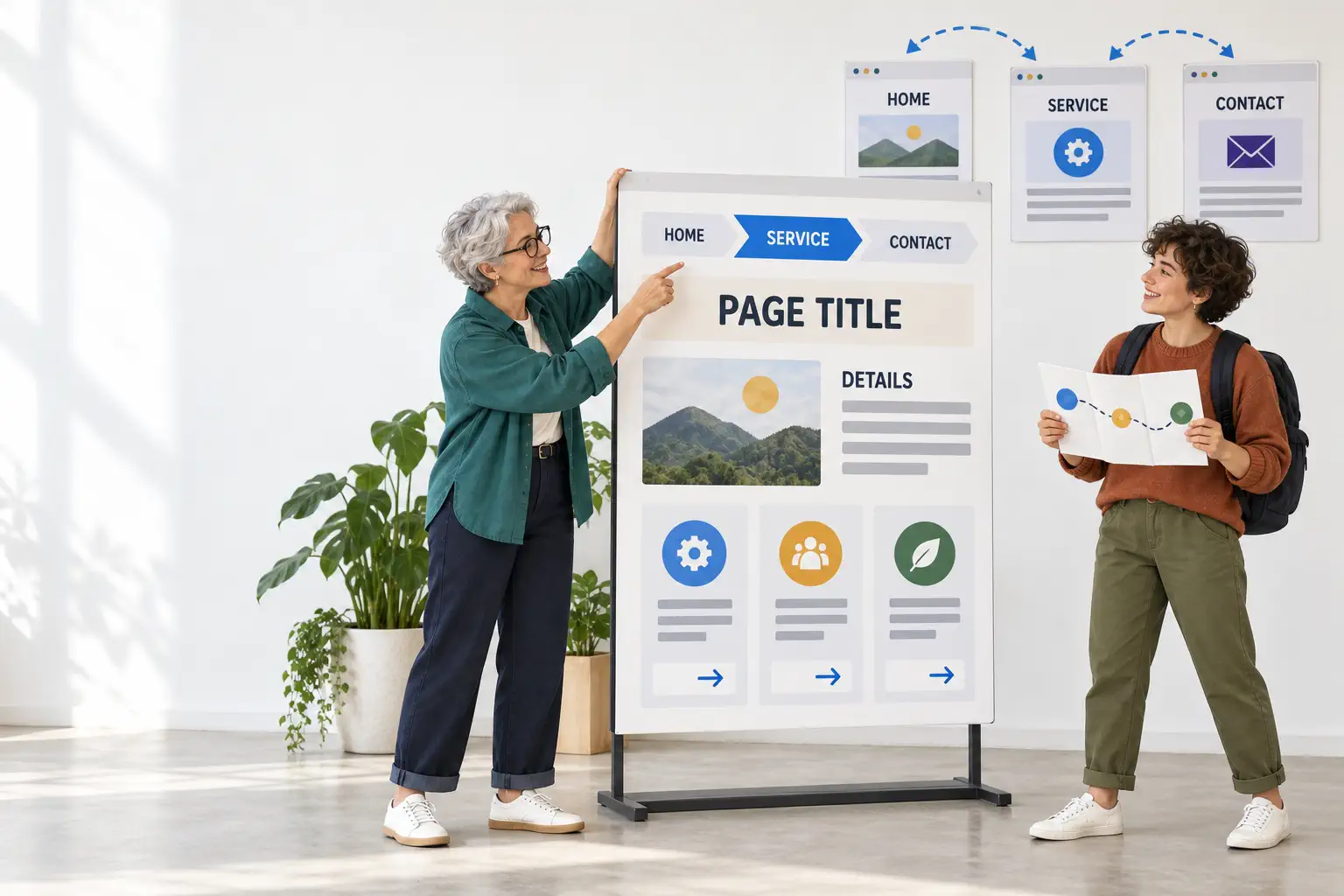 Two people planning a clear homepage-to-service-to-contact website journey