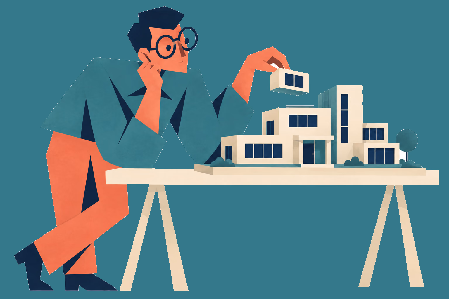 A business owner considers a miniature building during a website redesign.