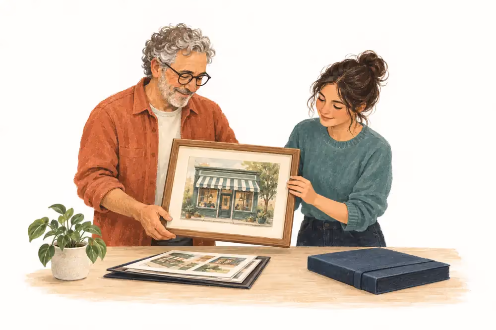 A founder and colleague hold a framed photo of their original storefront.